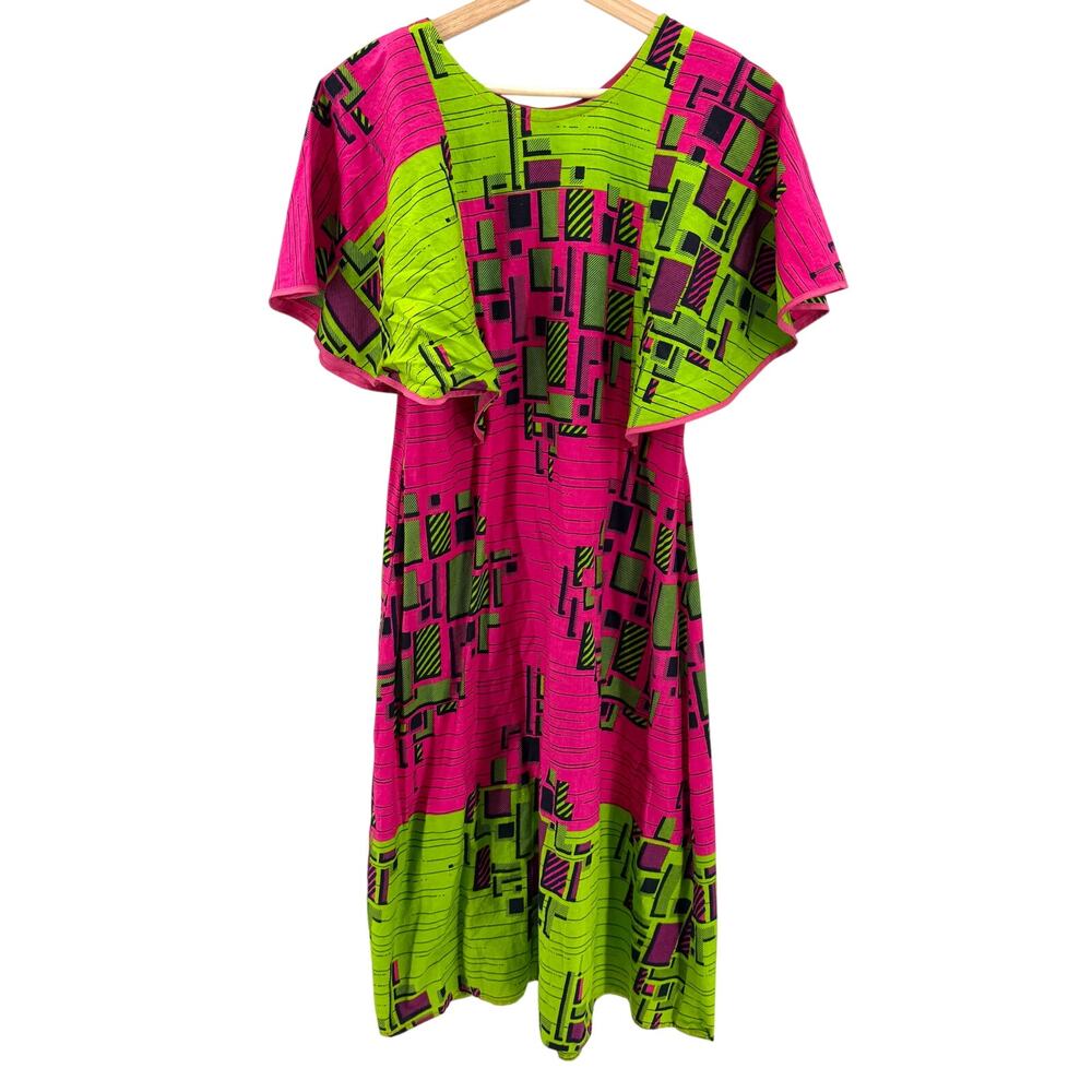 Neon Green Pink Geometric African Print 100% Cotton Batwing Midi Dress